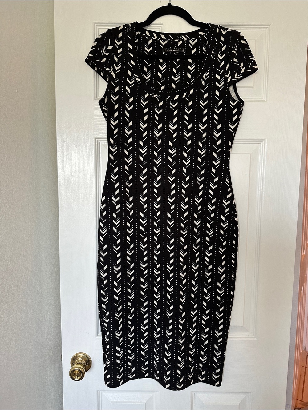 Black Halo Black and White Geometric Midi Dress